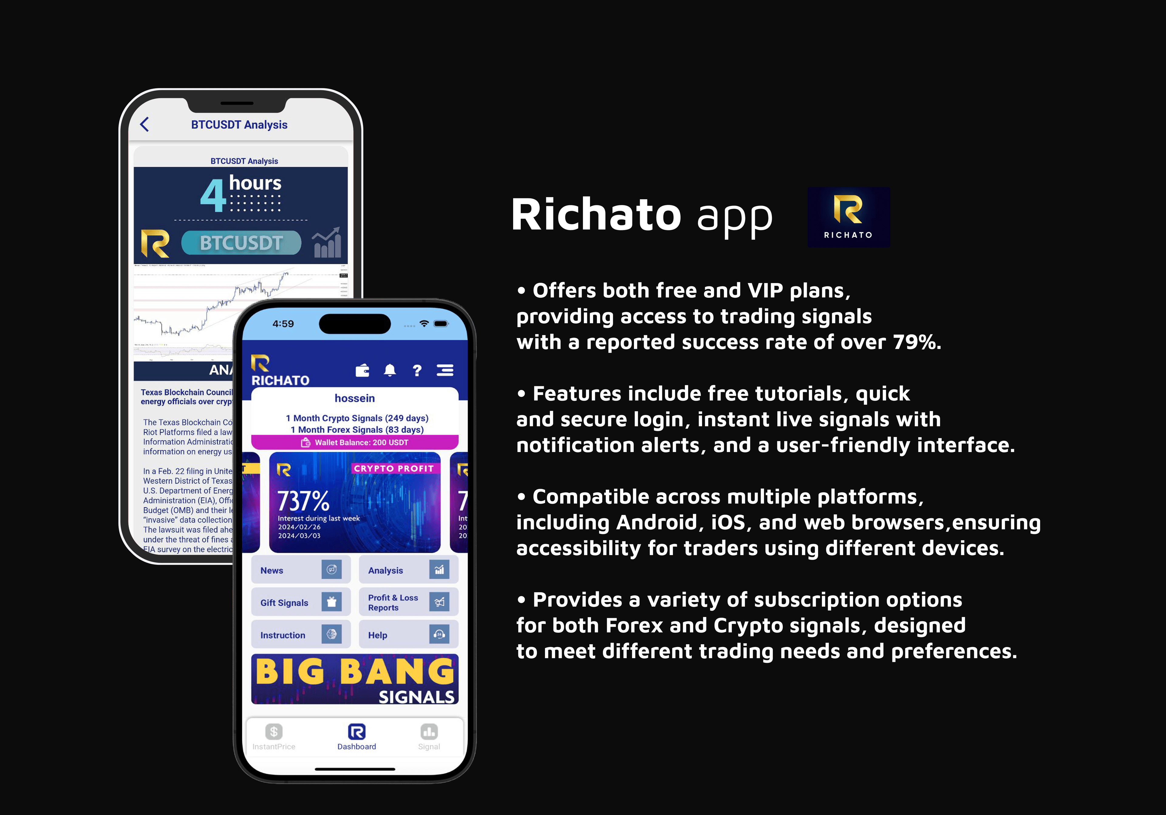 Richato – Forex and Crypto trading signals app with 79% success rate, free and VIP plans, instant live signals with notifications, available on Android, iOS, and web by Mahdi Abbasian