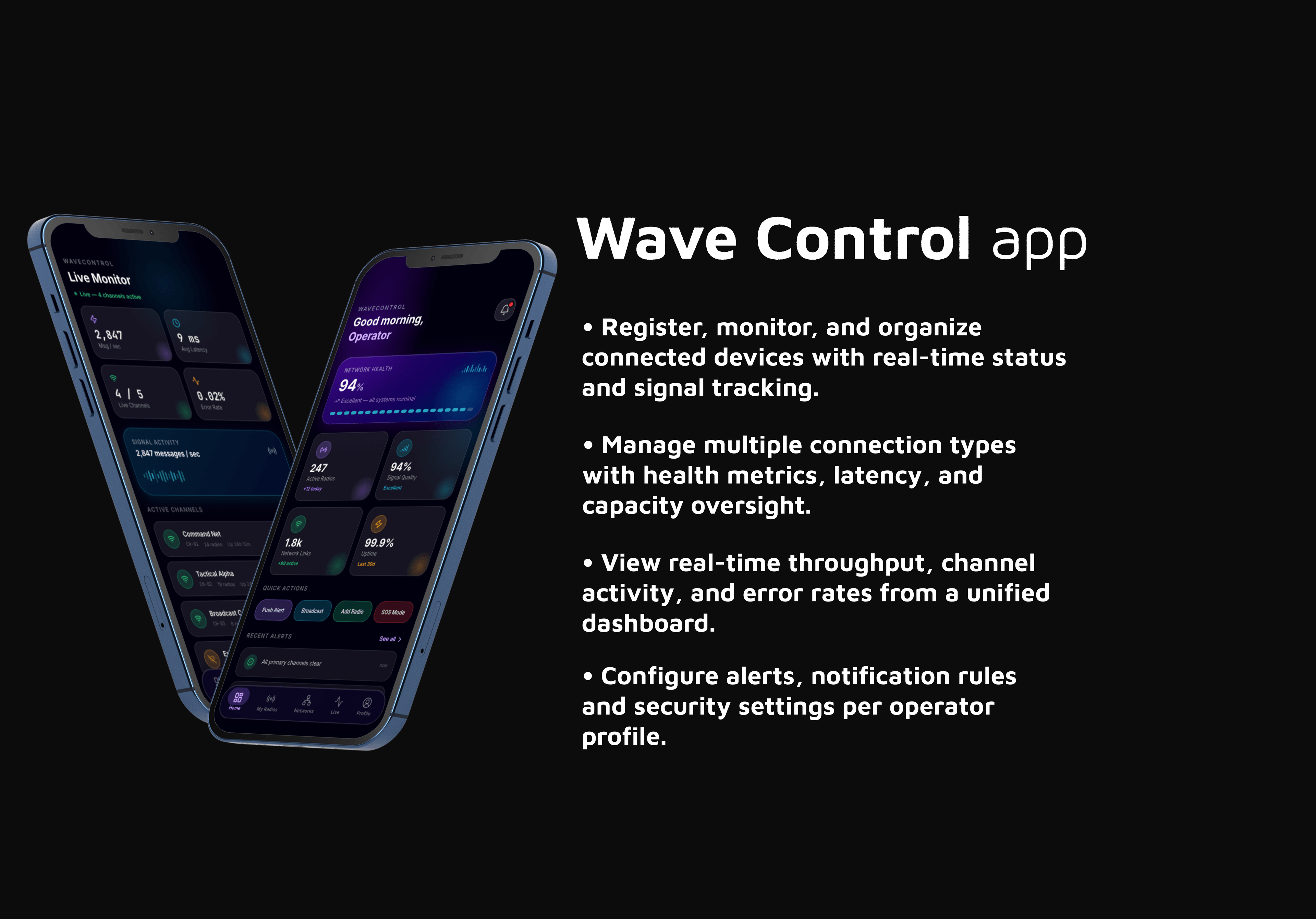 Wave Control – IoT device management app for registering, monitoring, and organizing connected devices with real-time signal tracking, latency metrics, and multi-operator security settings by Mahdi Abbasian